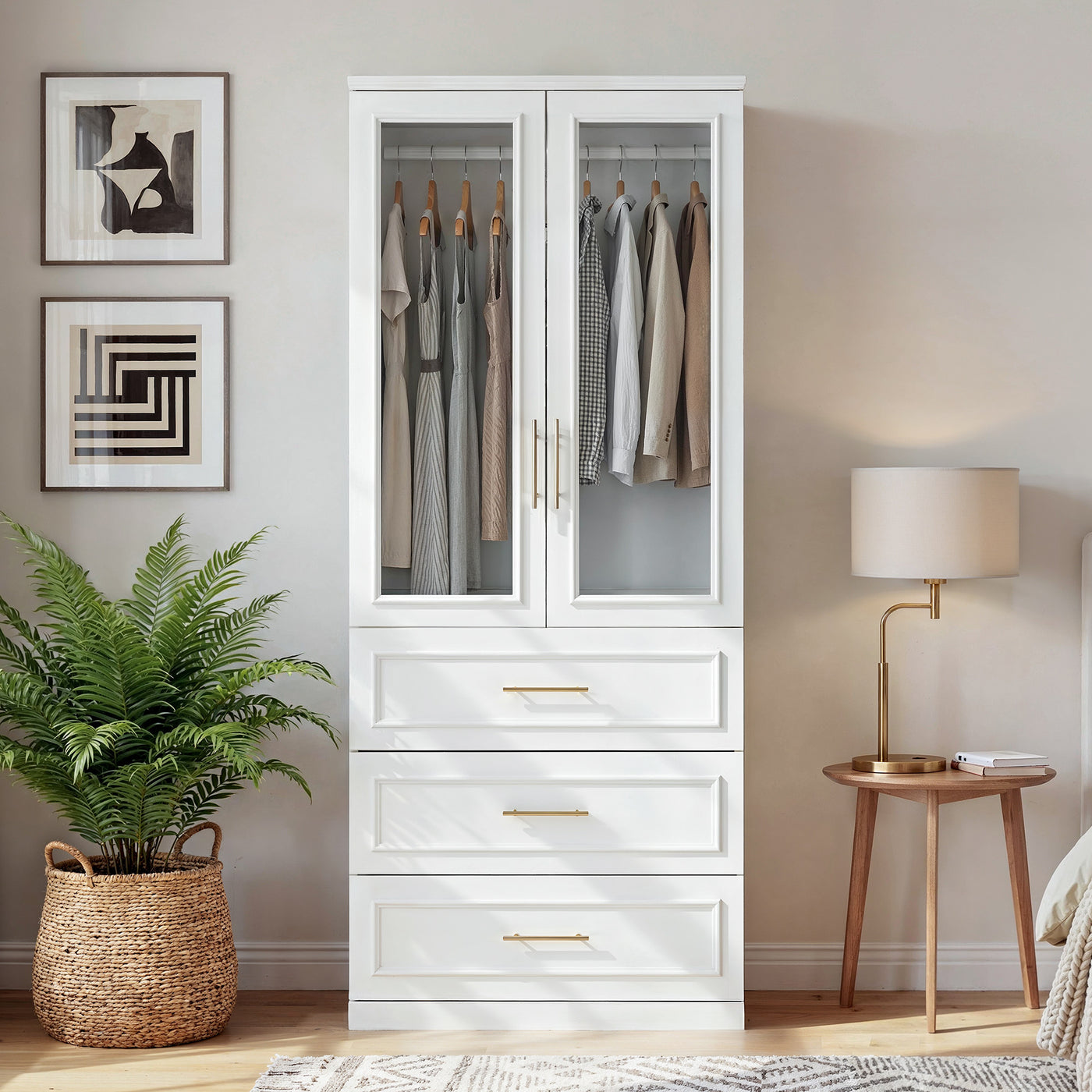 81 cm Modern White Glass Door Armoire with Hanging Rod and 3 Drawers