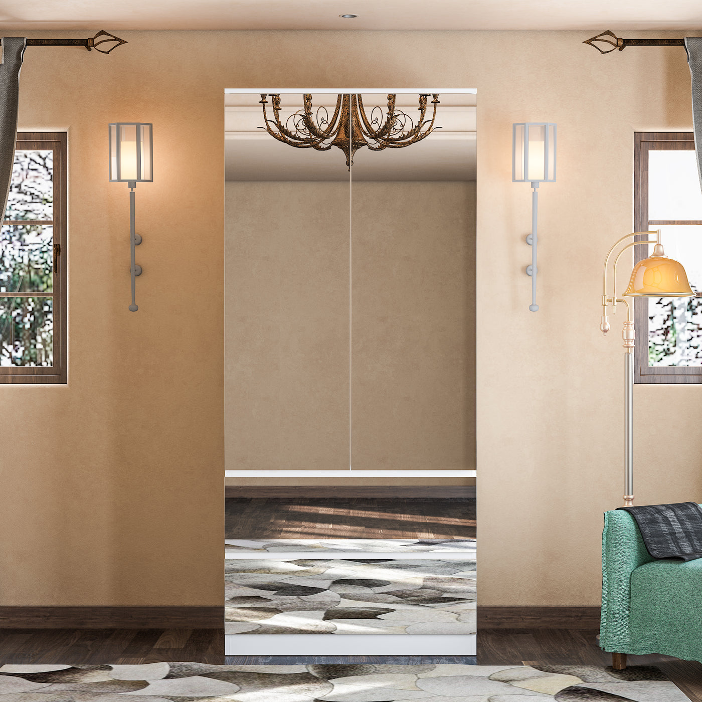 80 cm Modern White Full-Length Mirrored Wardrobe with Multiple Drawers and Adjustable Shelving