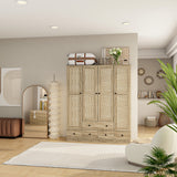 160 cm Rustic 4-Door Wardrobe Armoire with Rattan Paneling, 6 Drawers & 2 Hanging Rods