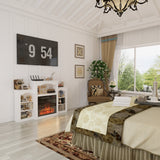 150 cm Modern Classic White TV Stand With Light Electronic Fireplace Open Shelves