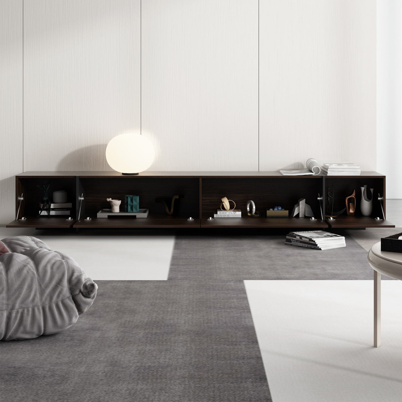243 cm Modern Rustic Dark Brown Entertainment Center with 4 Pull-Down Doors