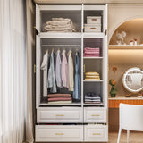 120 cm Modern White MDF Armoire with 3-Door Top Cabinet, Aluminum Hanging Rod, Quiet Glide Drawers and Anti-Tip Hardware