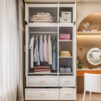 120 cm Modern White MDF Armoire with 3-Door Top Cabinet, Aluminum Hanging Rod, Quiet Glide Drawers and Anti-Tip Hardware