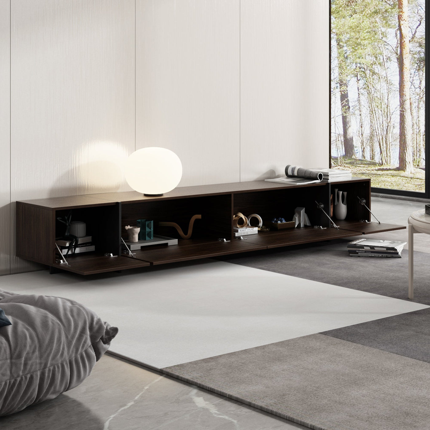 243 cm Modern Rustic Dark Brown Entertainment Center with 4 Pull-Down Doors