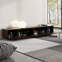 243 cm Modern Rustic Dark Brown Entertainment Center with 4 Pull-Down Doors