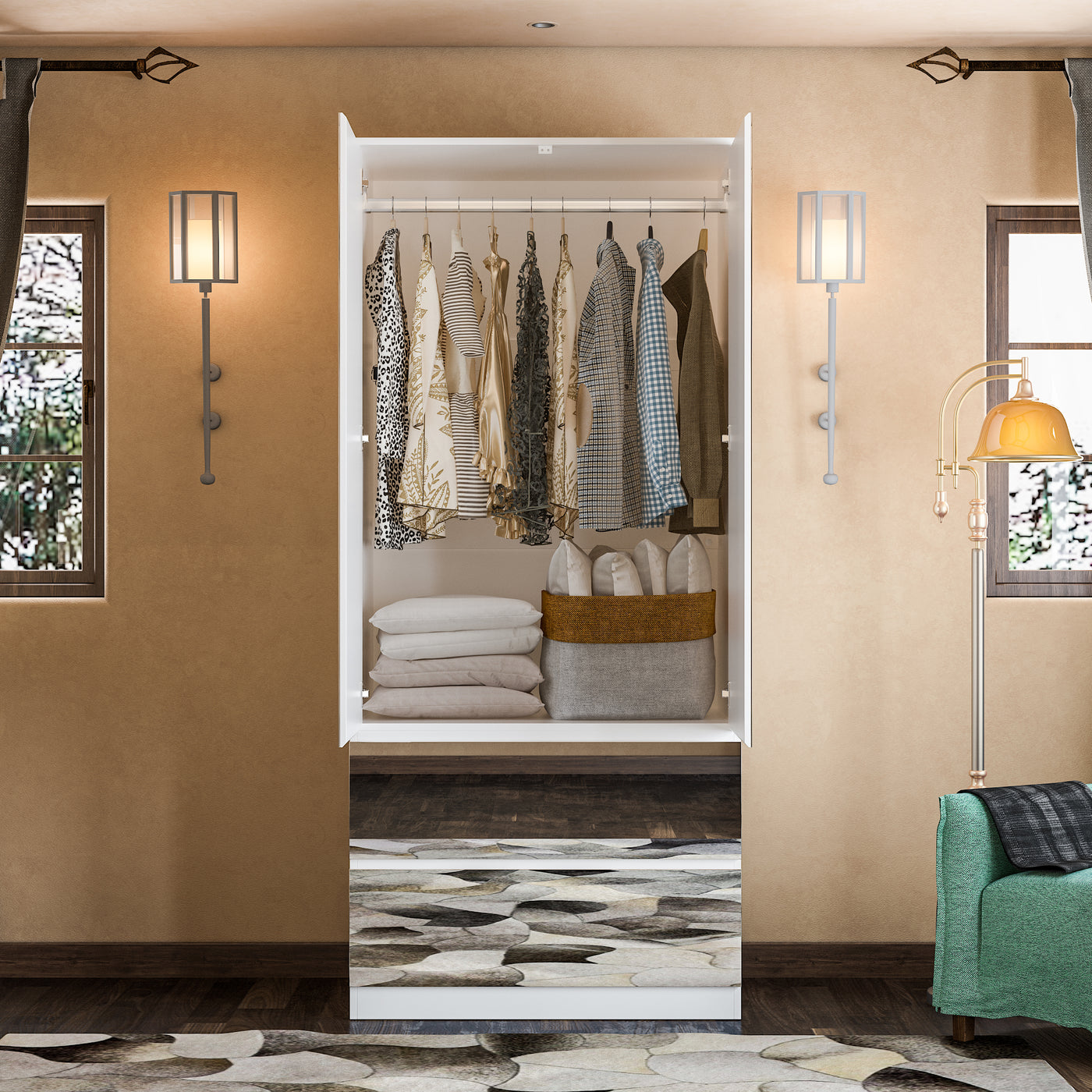 80 cm Modern White Full-Length Mirrored Wardrobe with Multiple Drawers and Adjustable Shelving