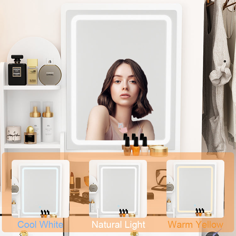 80 cm Modern White Glam Makeup Vanity Set with Socket, LED Light and Stool