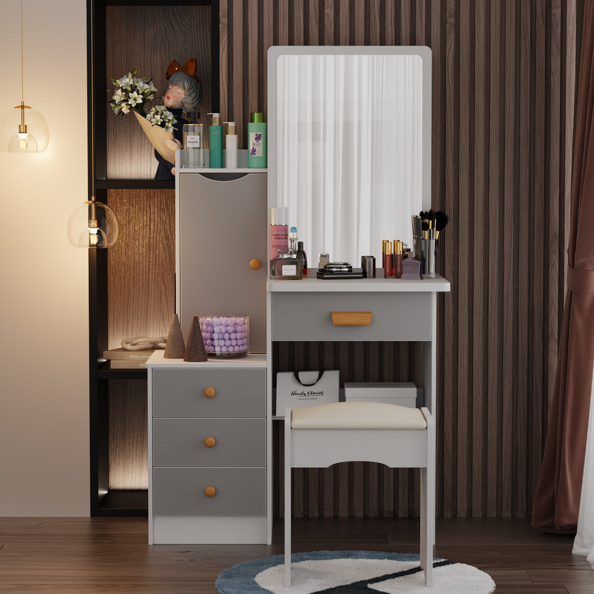 90 cm Modern White/Black Vanity Set with Sliding Mirror, 4 Drawers, Shelves and Cushioned Stool