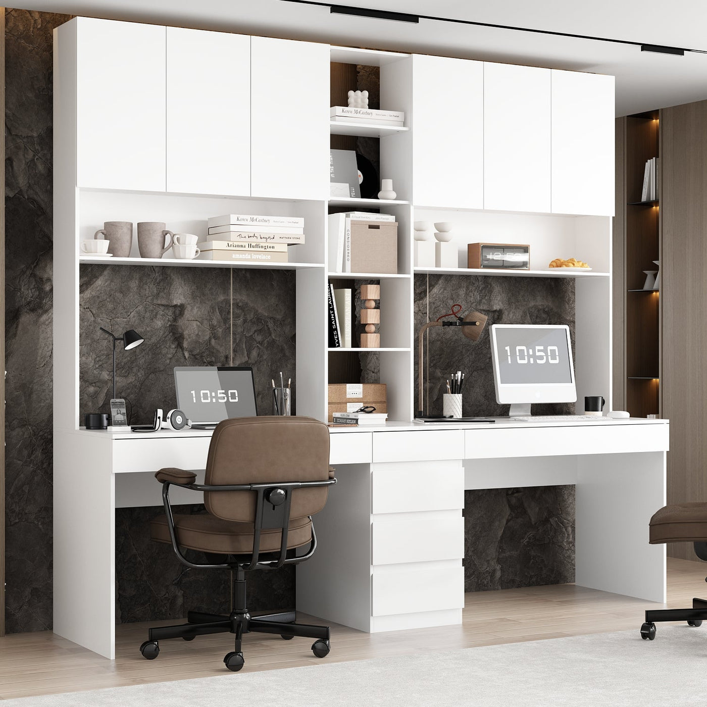 240 cm Modern White Desk with Hinged Doors and Pull-out Drawers