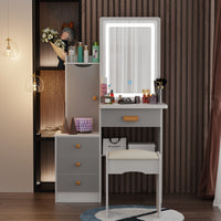90 cm Modern White/Black Vanity Set with Sliding Mirror, 4 Drawers, Shelves and Cushioned Stool