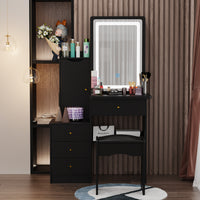 90 cm Modern White/Black Vanity Set with Sliding Mirror, 4 Drawers, Shelves and Cushioned Stool