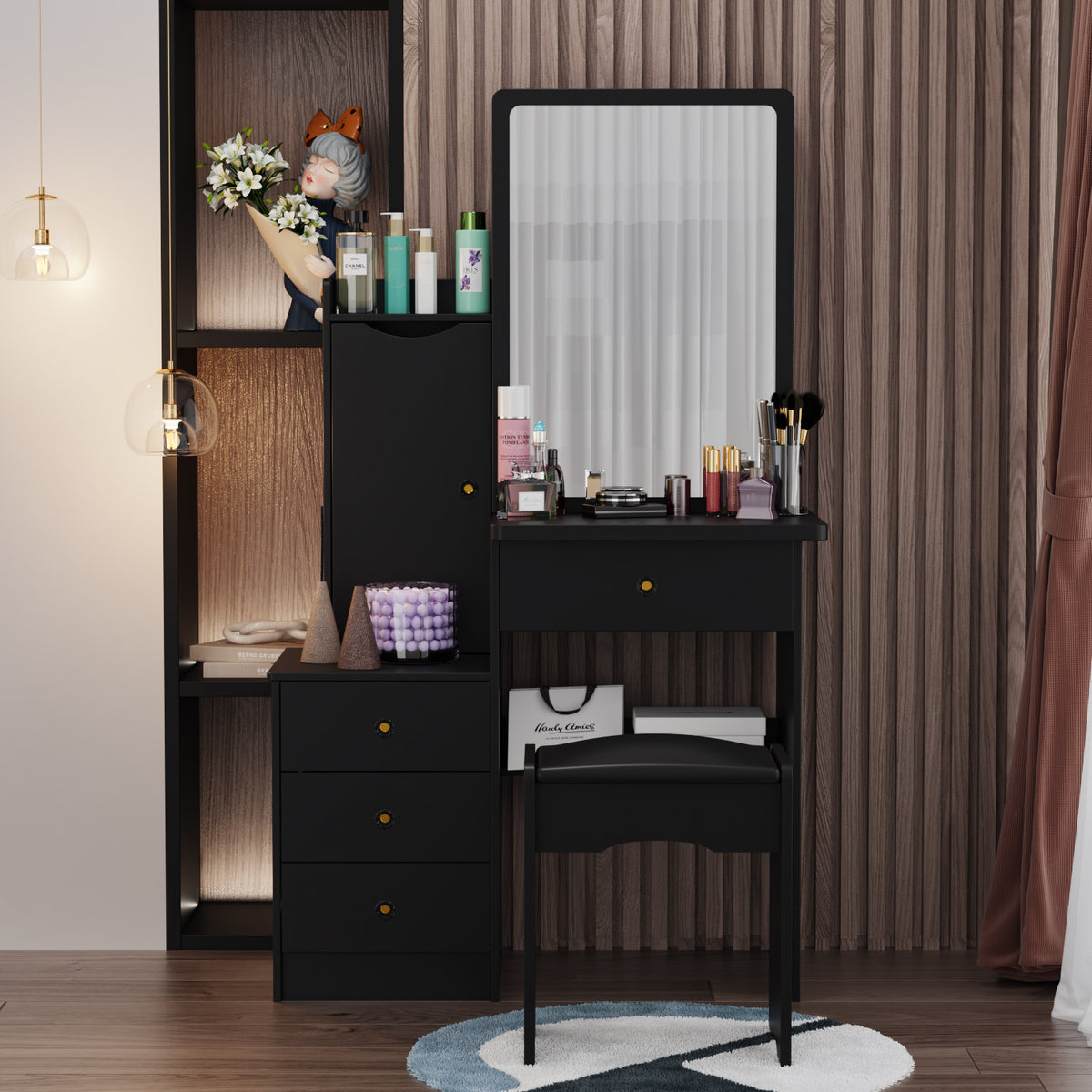 90 cm Modern White/Black Vanity Set with Sliding Mirror, 4 Drawers, Shelves and Cushioned Stool