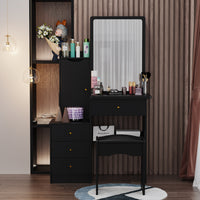 90 cm Modern White/Black Vanity Set with Sliding Mirror, 4 Drawers, Shelves and Cushioned Stool