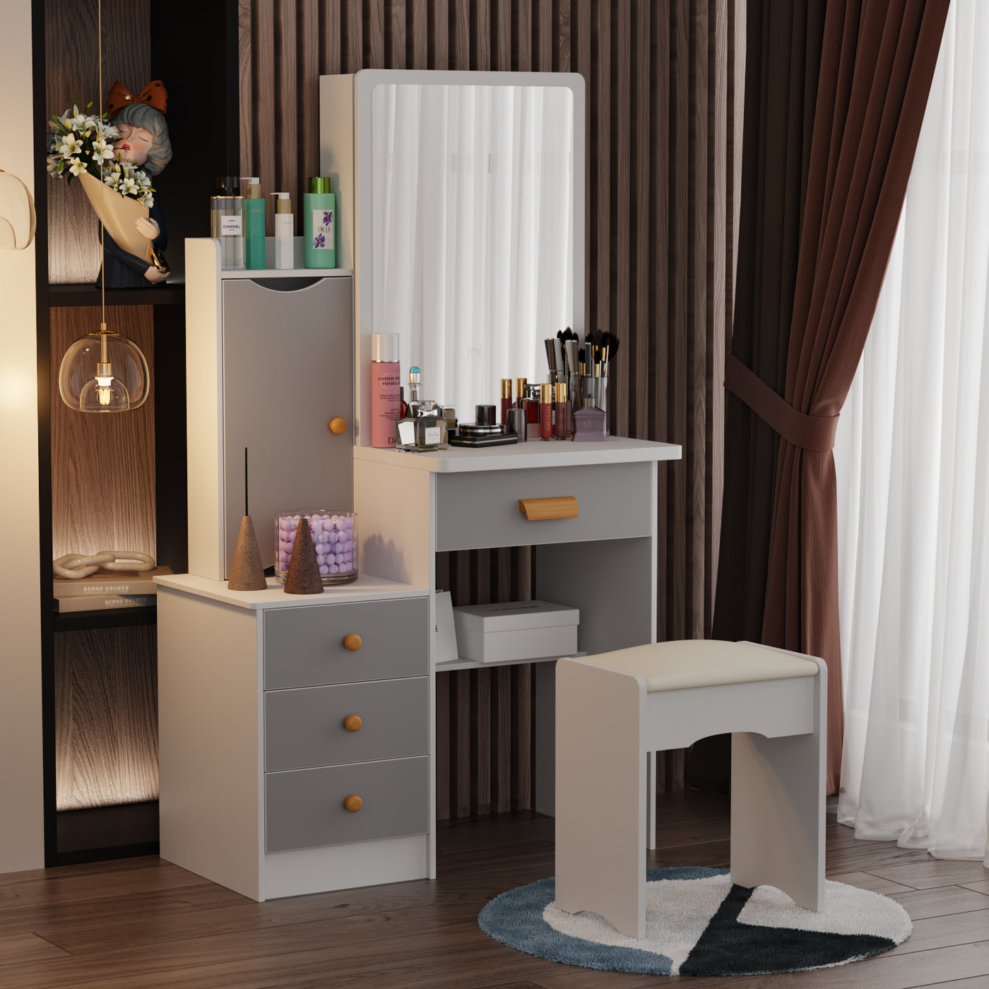 90 cm Modern White/Black Vanity Set with Sliding Mirror, 4 Drawers, Shelves and Cushioned Stool