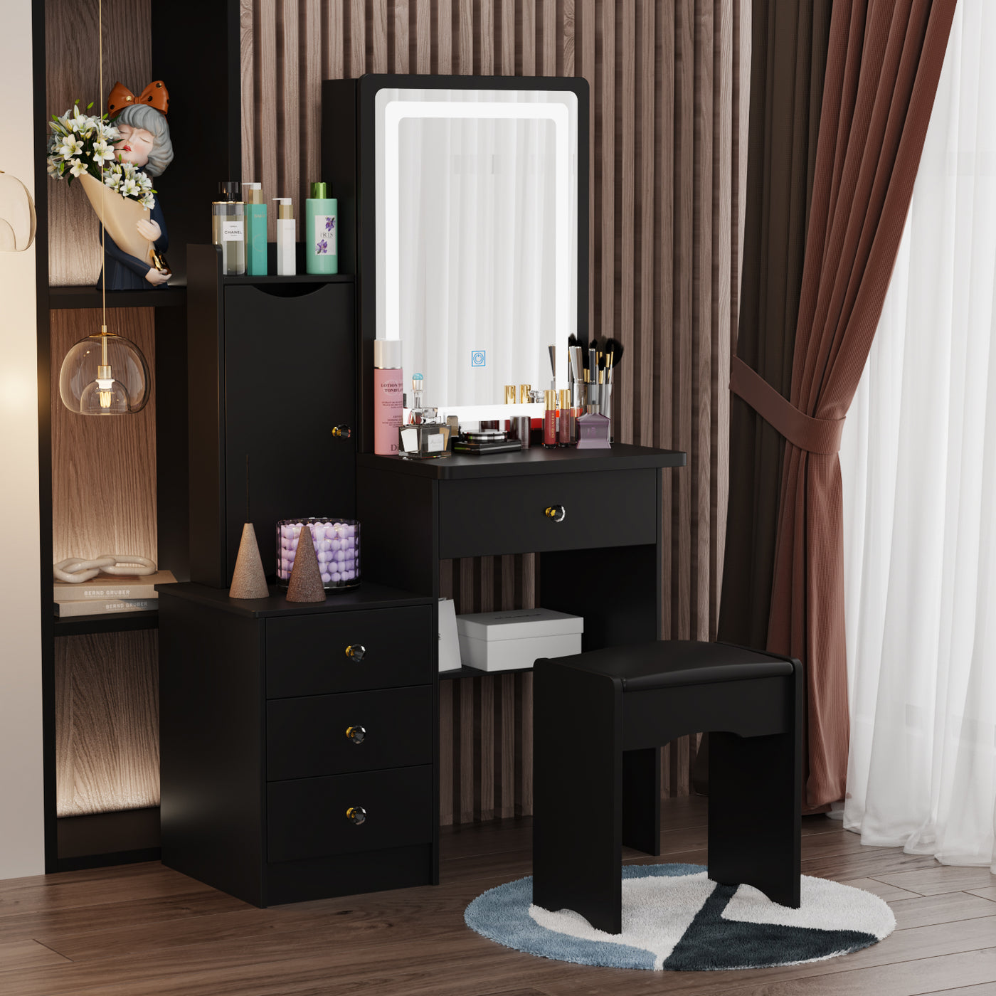 90 cm Modern White/Black Vanity Set with Sliding Mirror, 4 Drawers, Shelves and Cushioned Stool