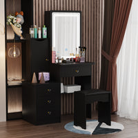 90 cm Modern White/Black Vanity Set with Sliding Mirror, 4 Drawers, Shelves and Cushioned Stool