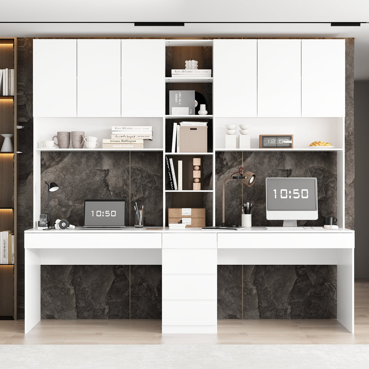 240 cm Modern White Desk with Hinged Doors and Pull-out Drawers