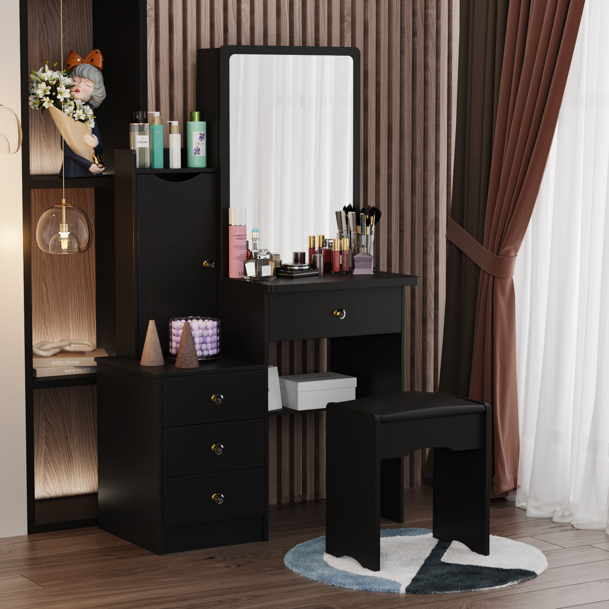 90 cm Modern White/Black Vanity Set with Sliding Mirror, 4 Drawers, Shelves and Cushioned Stool