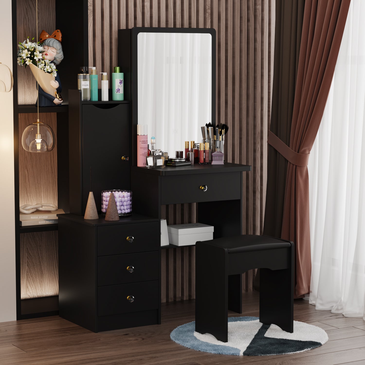 Coiffeuse moderne blanche/noire de 89,9 cm avec miroir coulissant, 4 tiroirs, étagères et tabouret rembourré