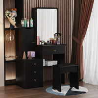 90 cm Modern White/Black Vanity Set with Sliding Mirror, 4 Drawers, Shelves and Cushioned Stool