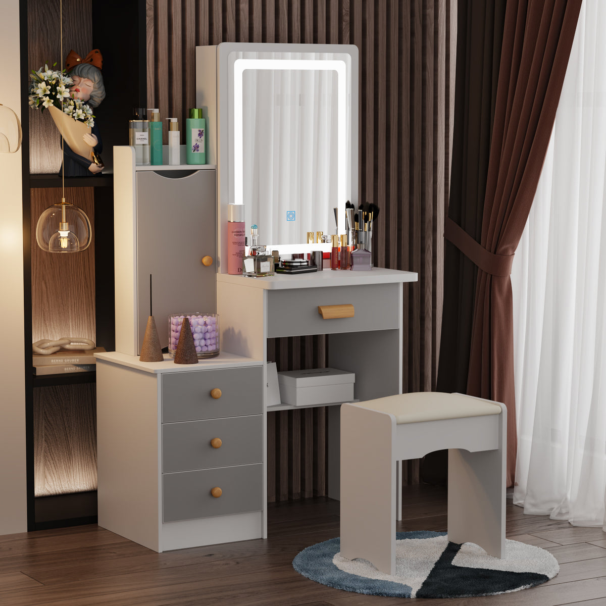 90 cm Modern White/Black Vanity Set with Sliding Mirror, 4 Drawers, Shelves and Cushioned Stool
