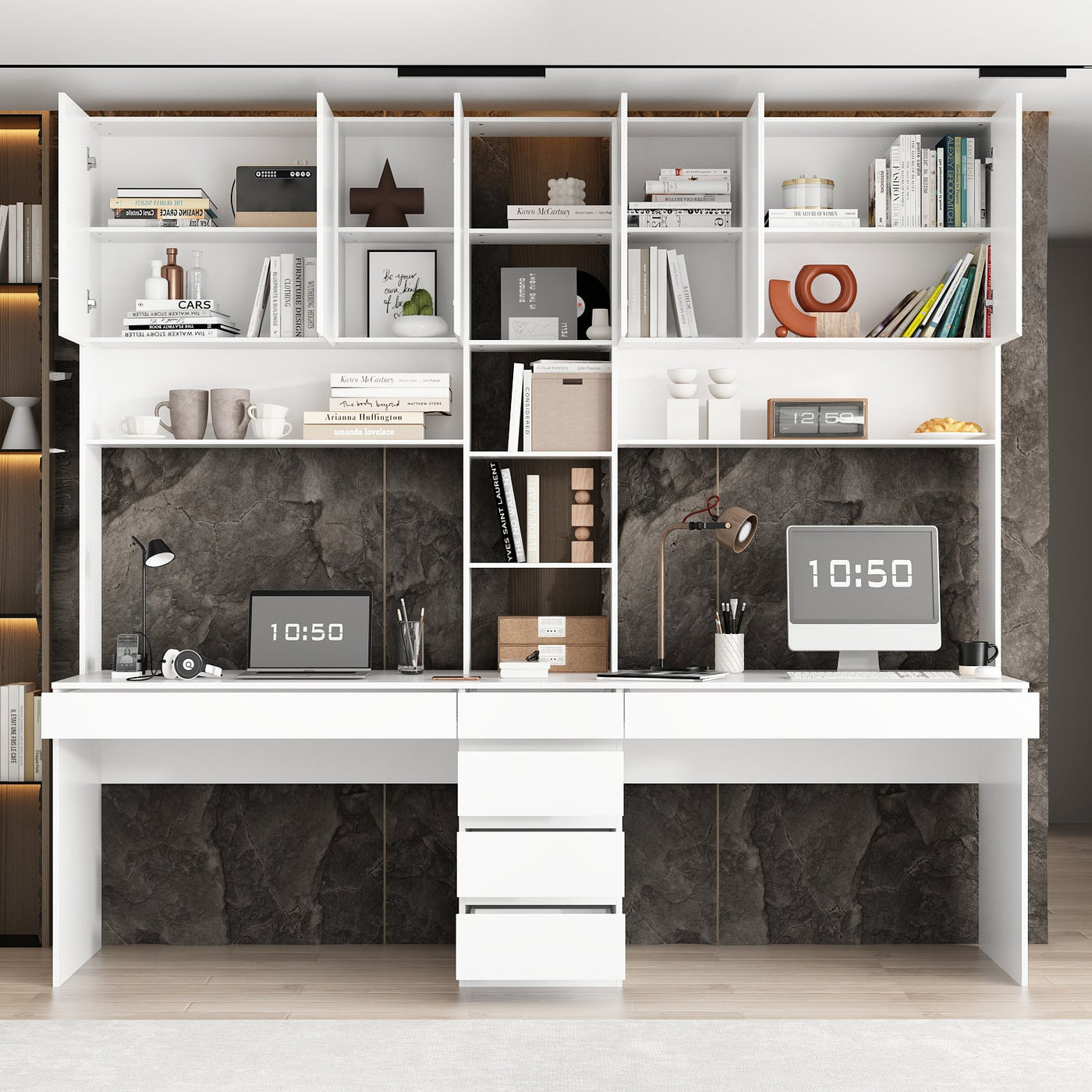 240 cm Modern White Desk with Hinged Doors and Pull-out Drawers