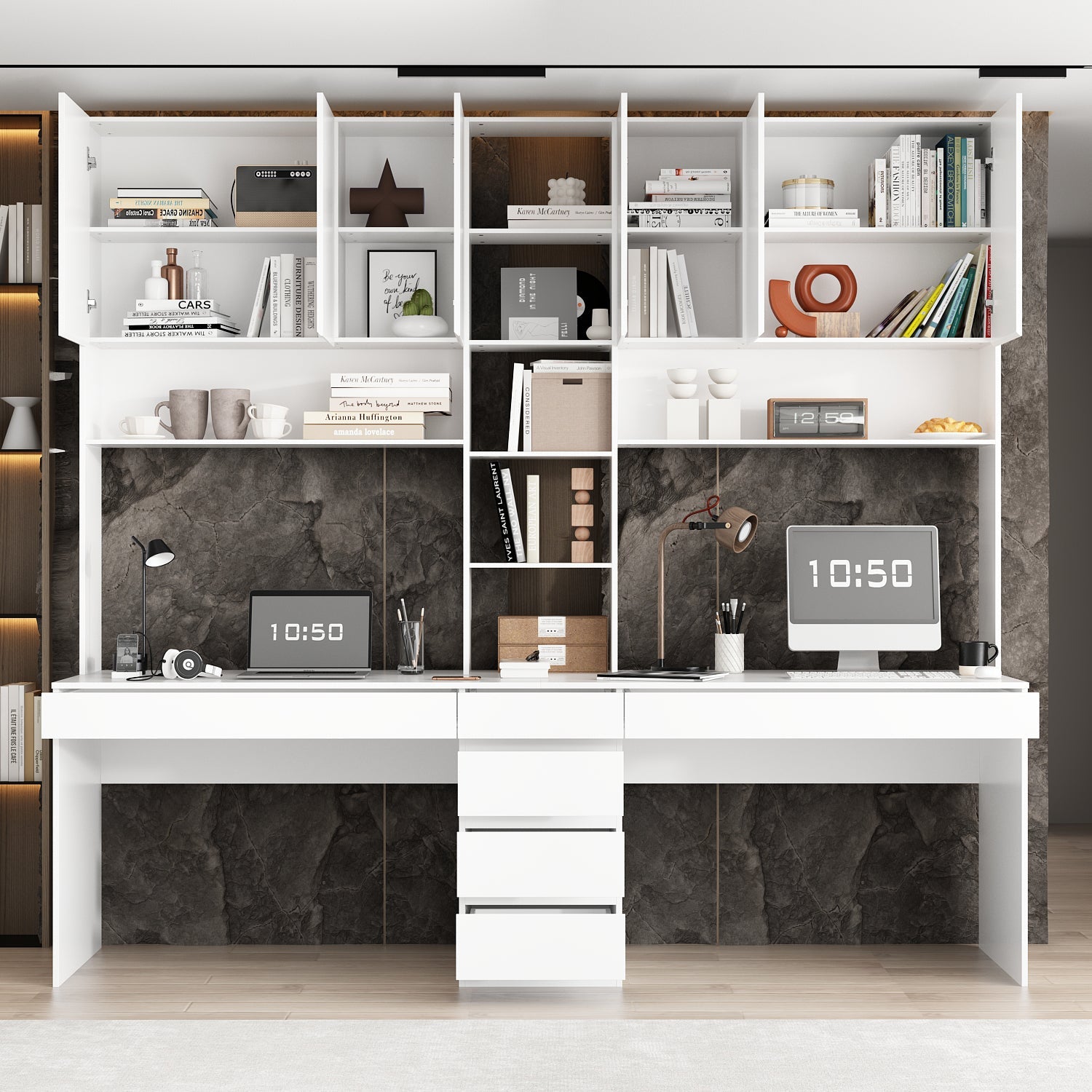 Bureau blanc moderne de 240 cm avec portes battantes et tiroirs coulissants