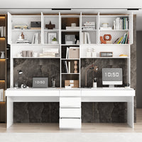 240 cm Modern White Desk with Hinged Doors and Pull-out Drawers