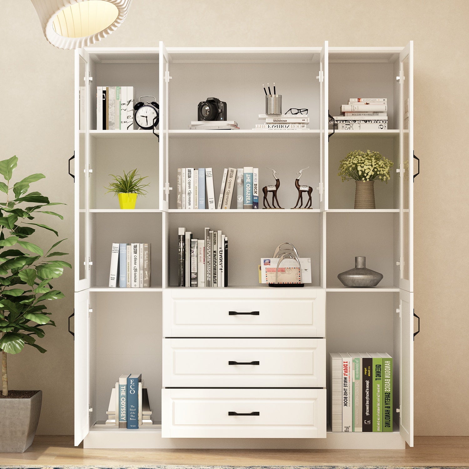 Meuble de rangement d'angle bibliothèque vitrée classique blanc de 160 cm avec grand écran, en combinaison