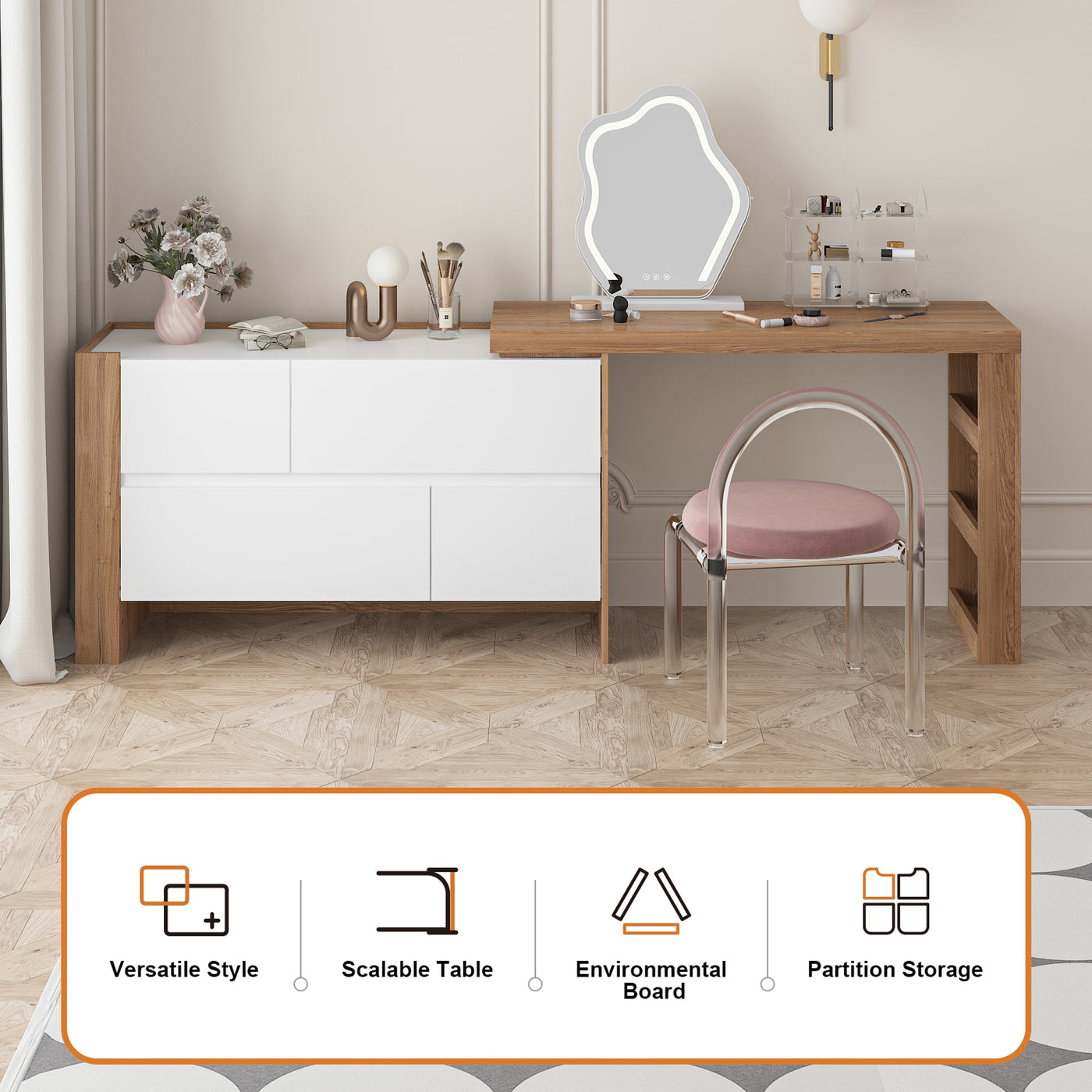 Meuble-lavabo moderne en L de 100 cm avec commode à 4 tiroirs