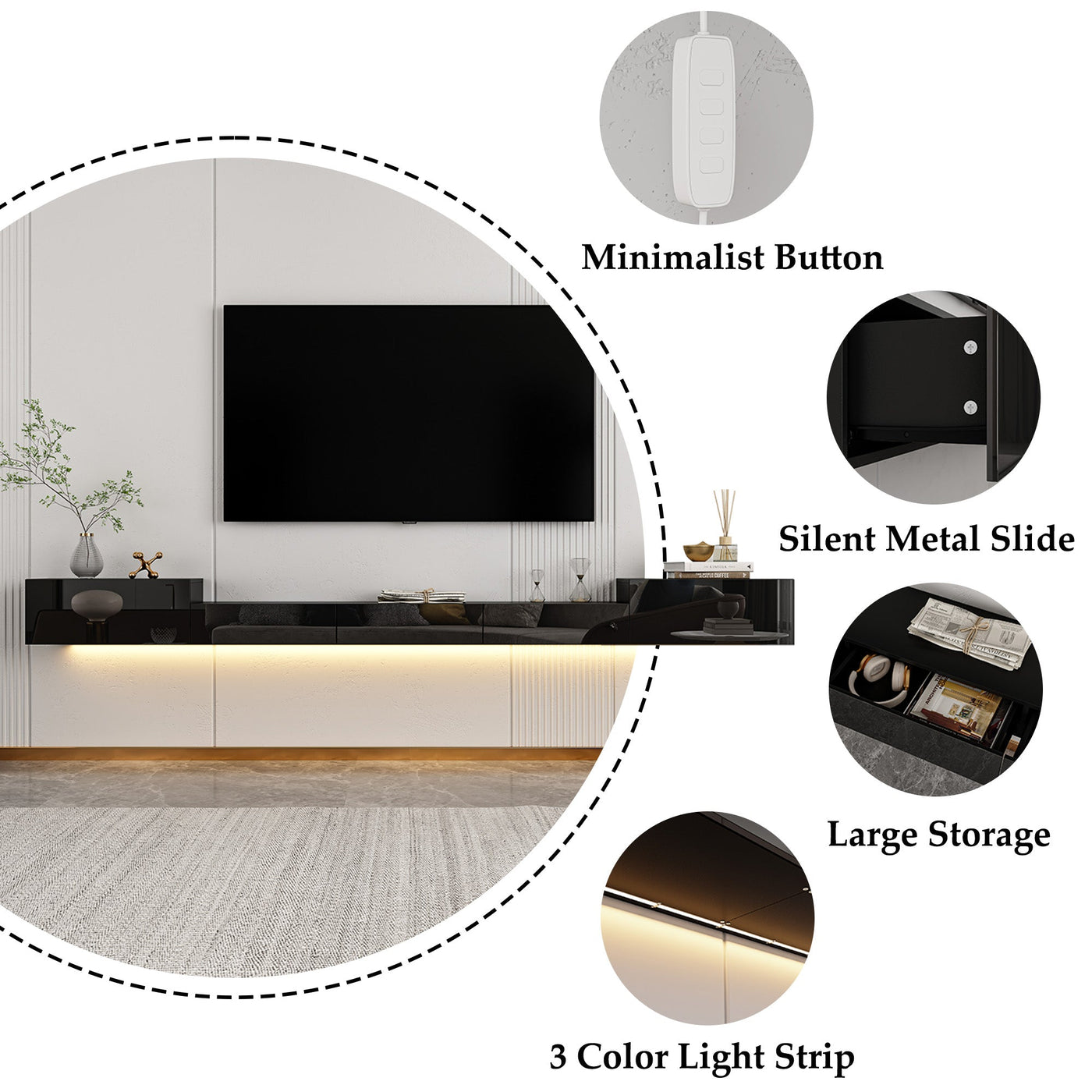 280 cm Modern Minimalist Black TV Stand Floating High Gloss TV Stand With LED Light