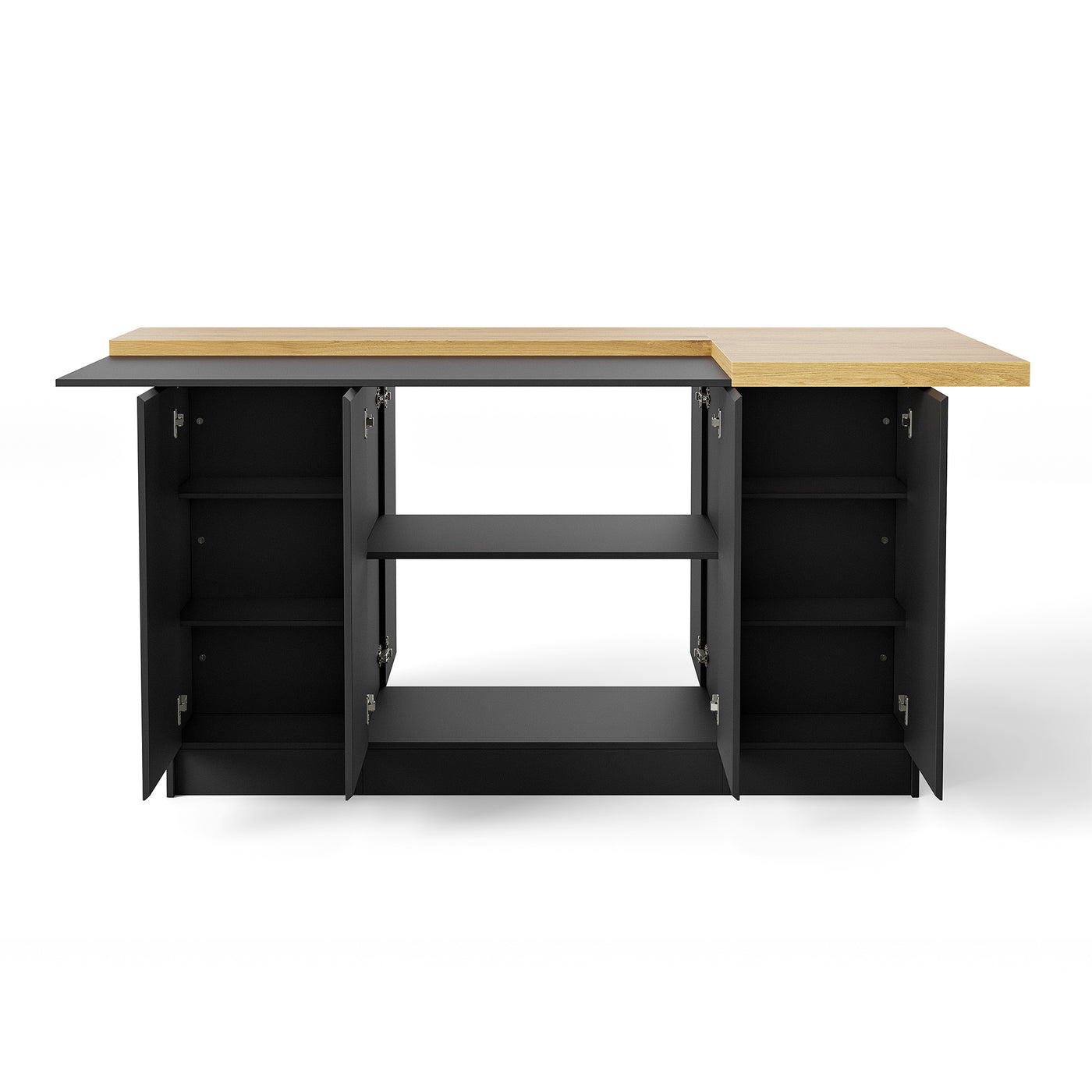 196 cm Modern Black Kitchen Island With Adjustable Shelves And Butcher Block Top