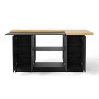 196 cm Modern Black Kitchen Island With Adjustable Shelves And Butcher Block Top
