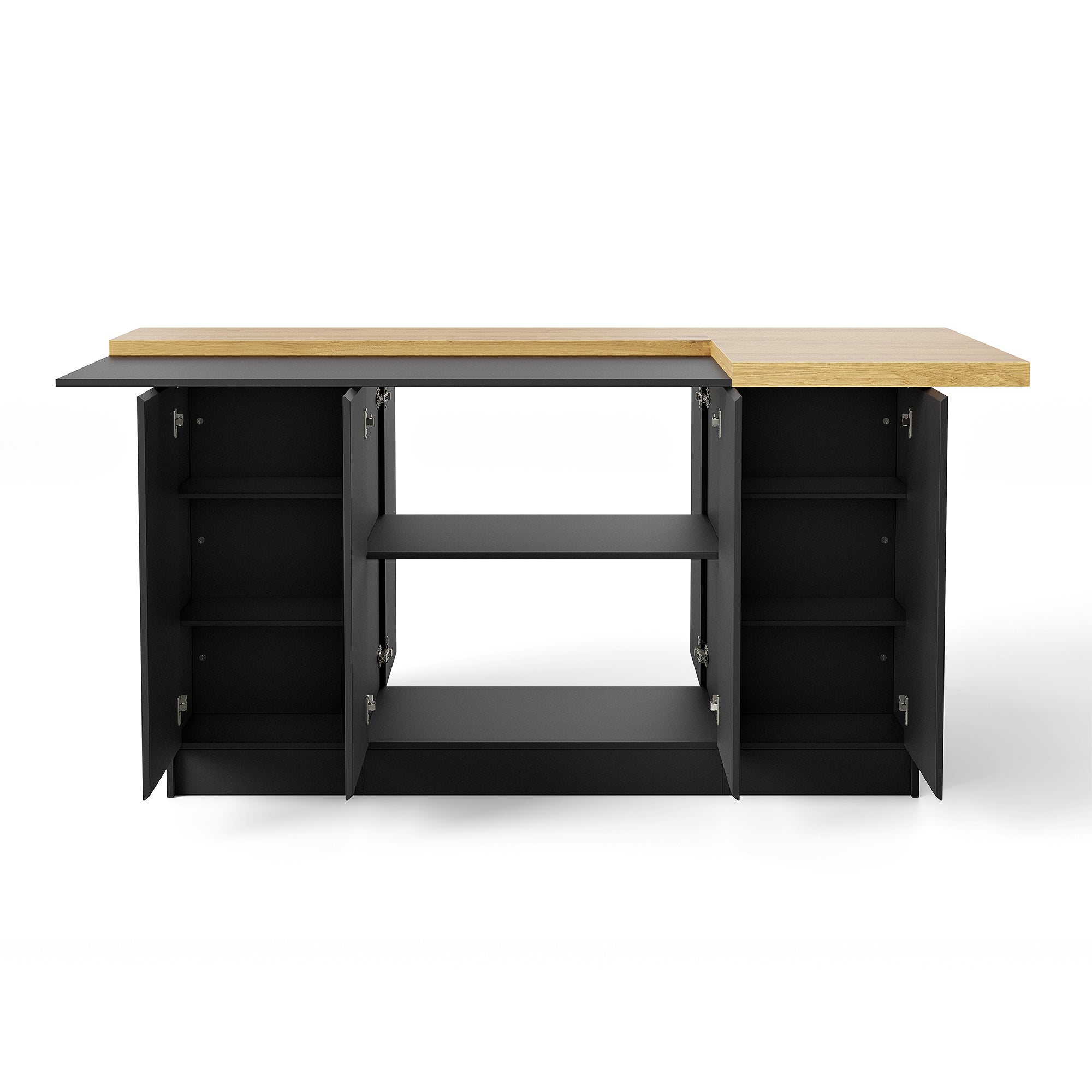 Îlot de cuisine moderne noir de 196 cm avec étagères réglables et plan de travail en bloc de boucher