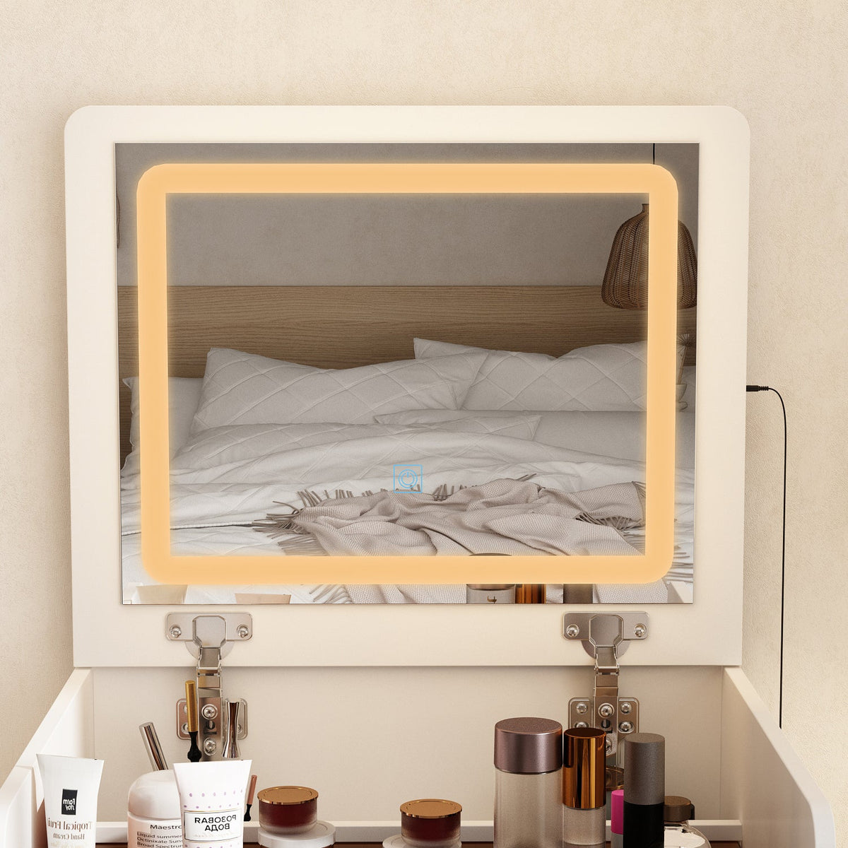 Coiffeuse moderne blanche de 47,5 cm avec lumières et miroir rabattable