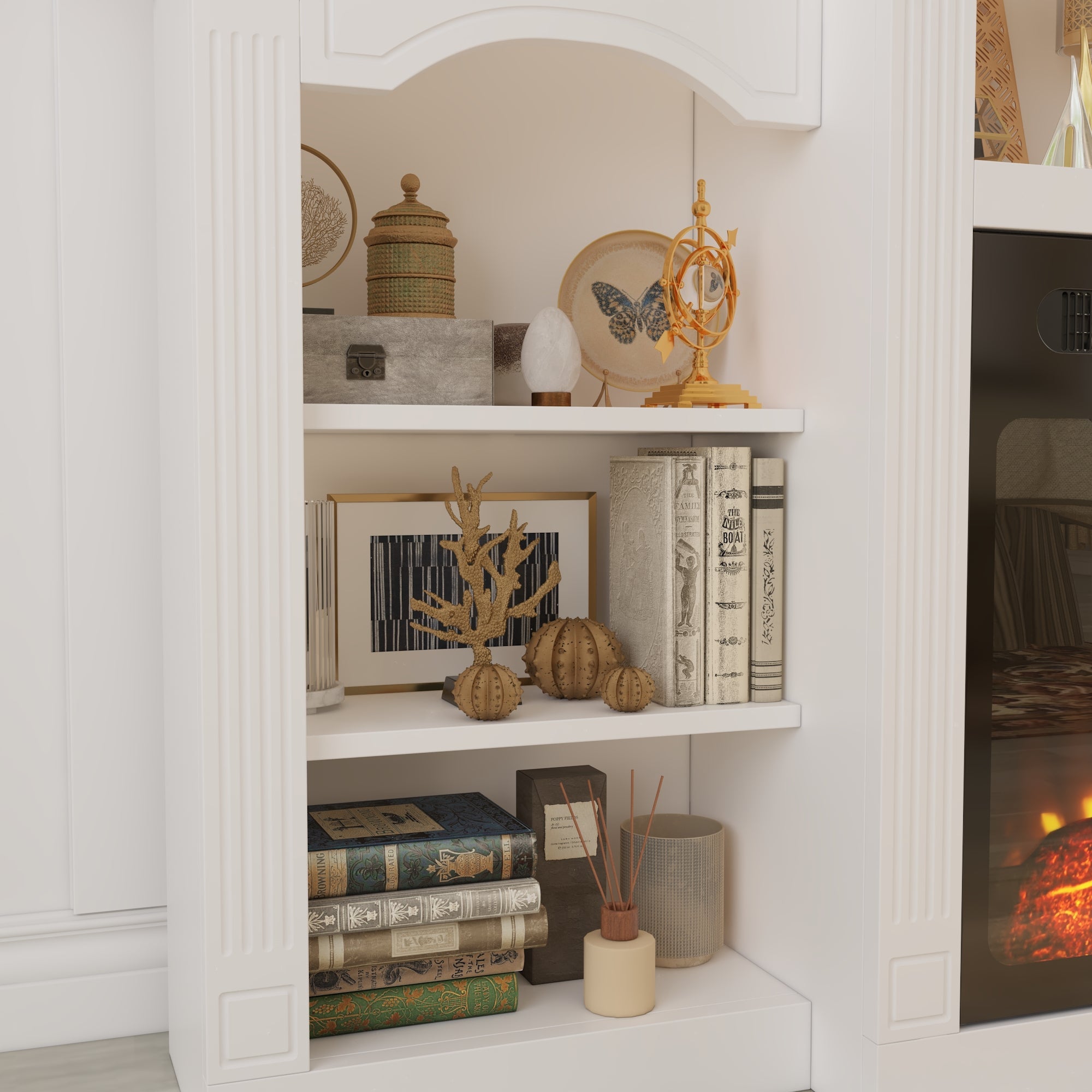 150 cm Modern Classic White TV Stand With Light Electronic Fireplace Open Shelves