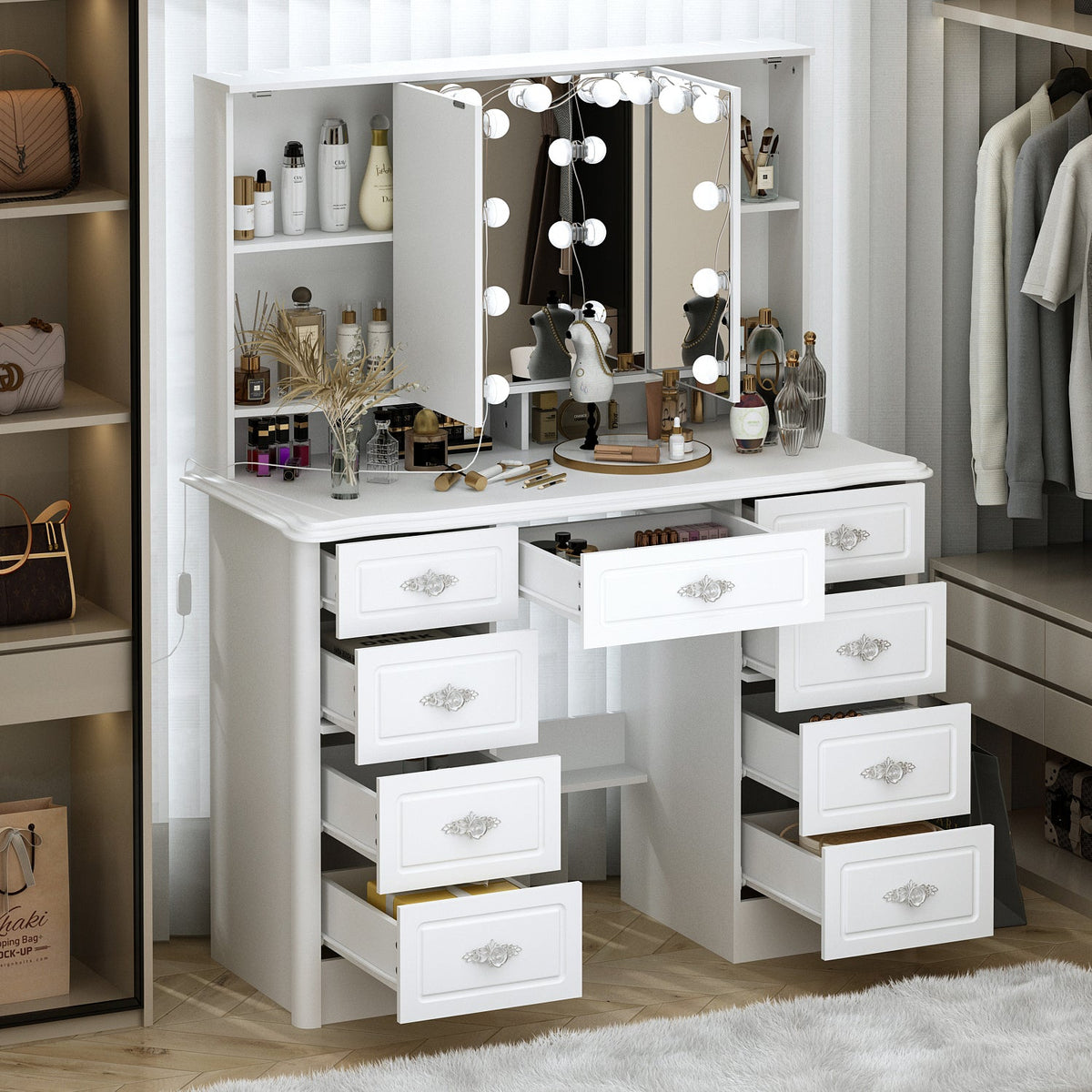 Table de toilette moderne minimaliste blanche de 110 cm avec 7 tiroirs, lumières et miroir