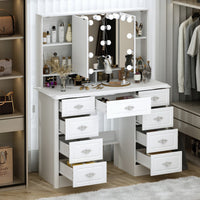 Table de toilette moderne minimaliste blanche de 110 cm avec 7 tiroirs, lumières et miroir