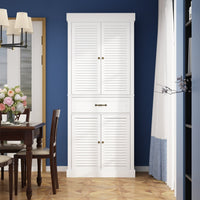 76.2 cm Modern Minimalist White Tall Storage Cabinet with 6-Tier Adjustable Shelves, Drawers and Shutter Door