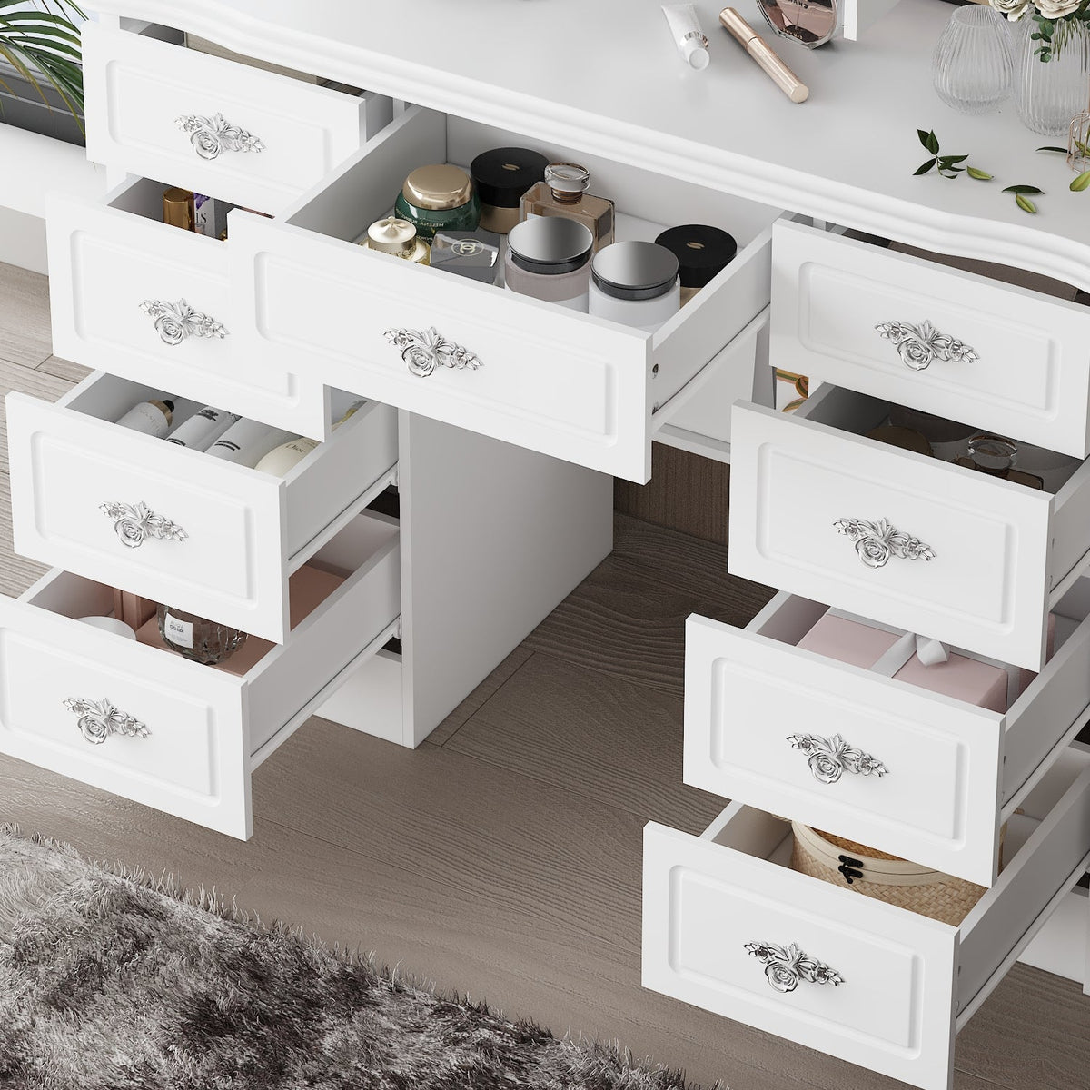 Table de toilette moderne minimaliste blanche de 110 cm avec 7 tiroirs, lumières et miroir