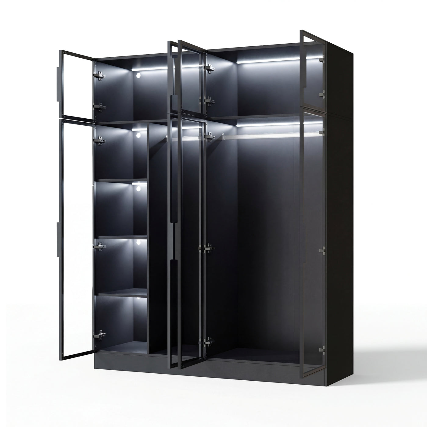 Modern wardrobe with clothes and shelves in a well-lit room