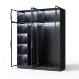 Modern wardrobe with clothes and shelves in a well-lit room