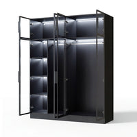 Modern wardrobe with clothes and shelves in a well-lit room