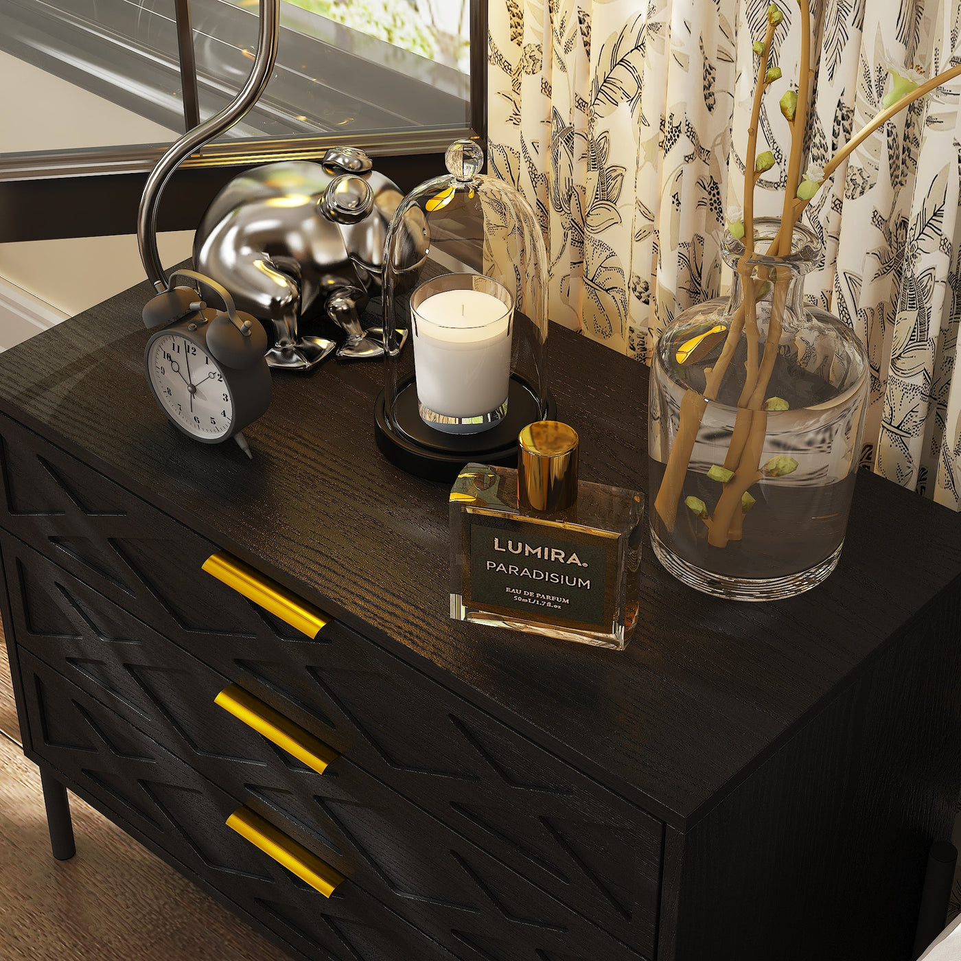 80 cm Modern Black 3-Drawer Nightstand with Metal Legs