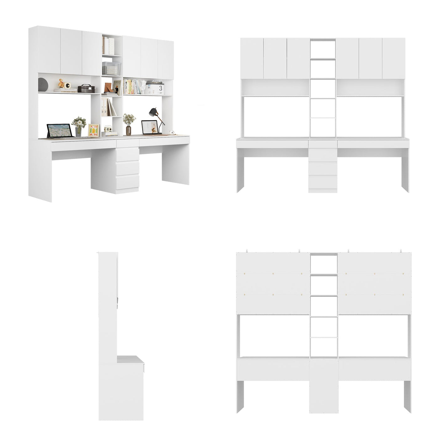 240 cm Modern White Desk with Hinged Doors and Pull-out Drawers