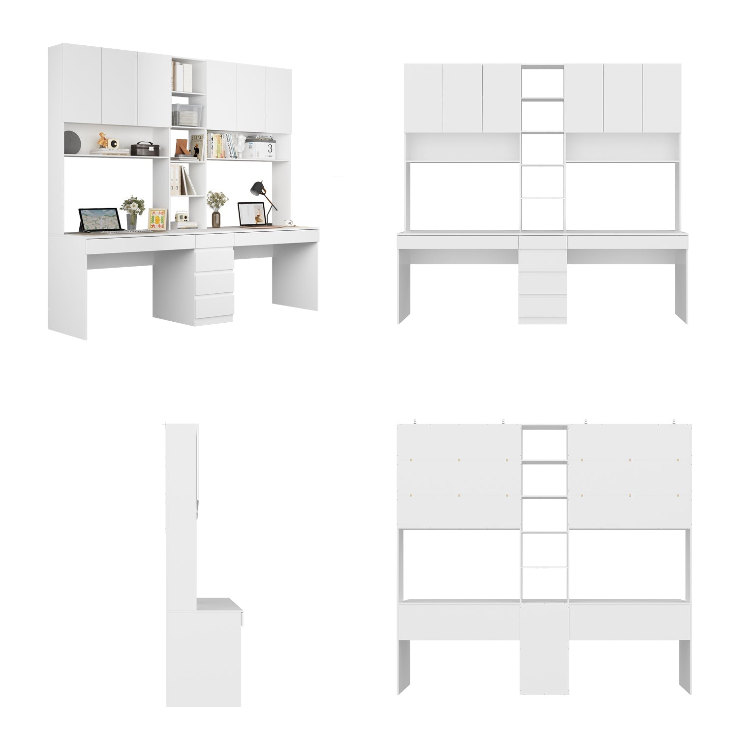 Bureau blanc moderne de 240 cm avec portes battantes et tiroirs coulissants