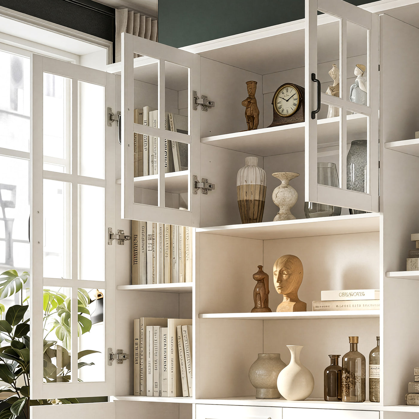 160 cm Modern White 2-Drawer Bookcase with Glass Doors
