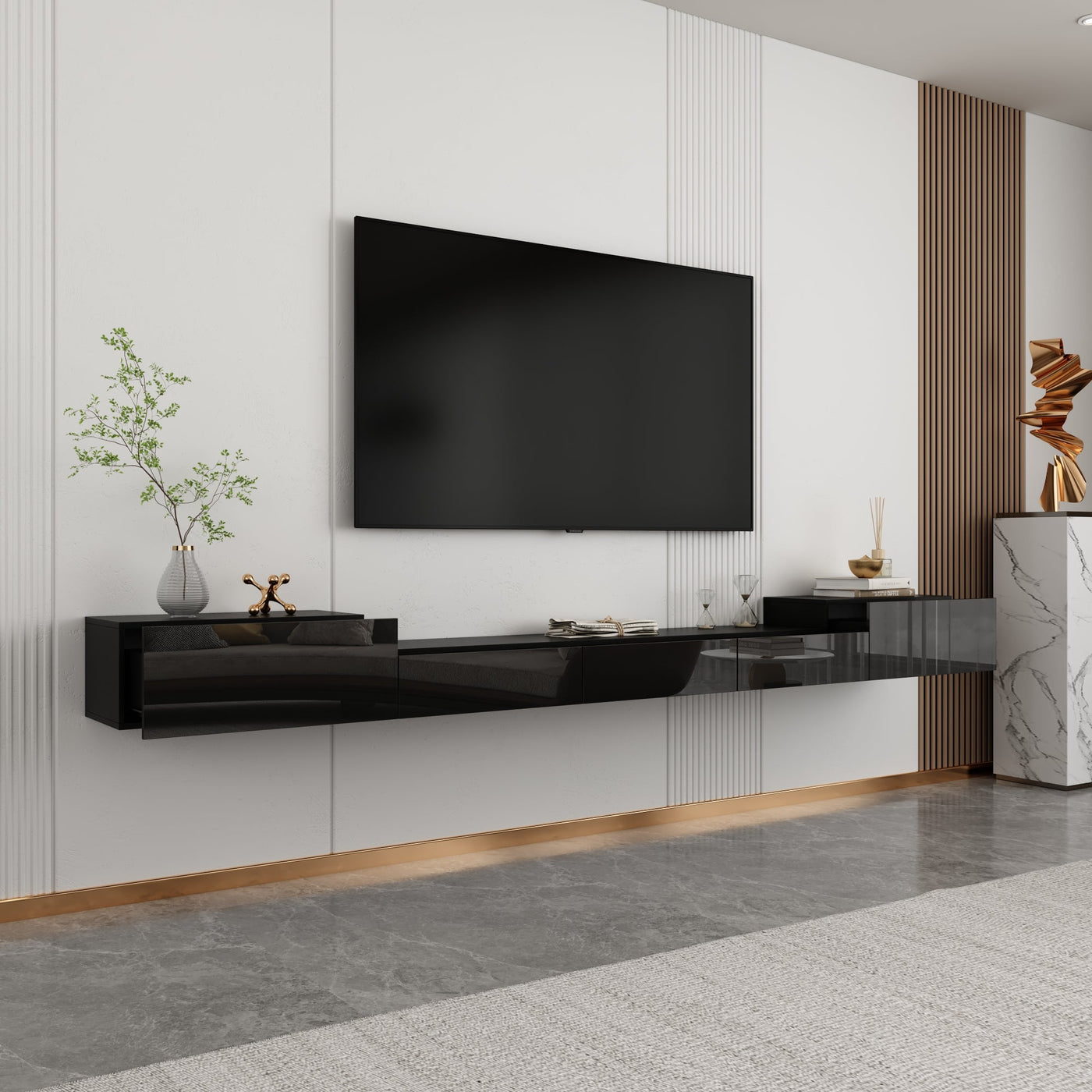 280 cm Modern Minimalist Black TV Stand Floating High Gloss TV Stand With LED Light