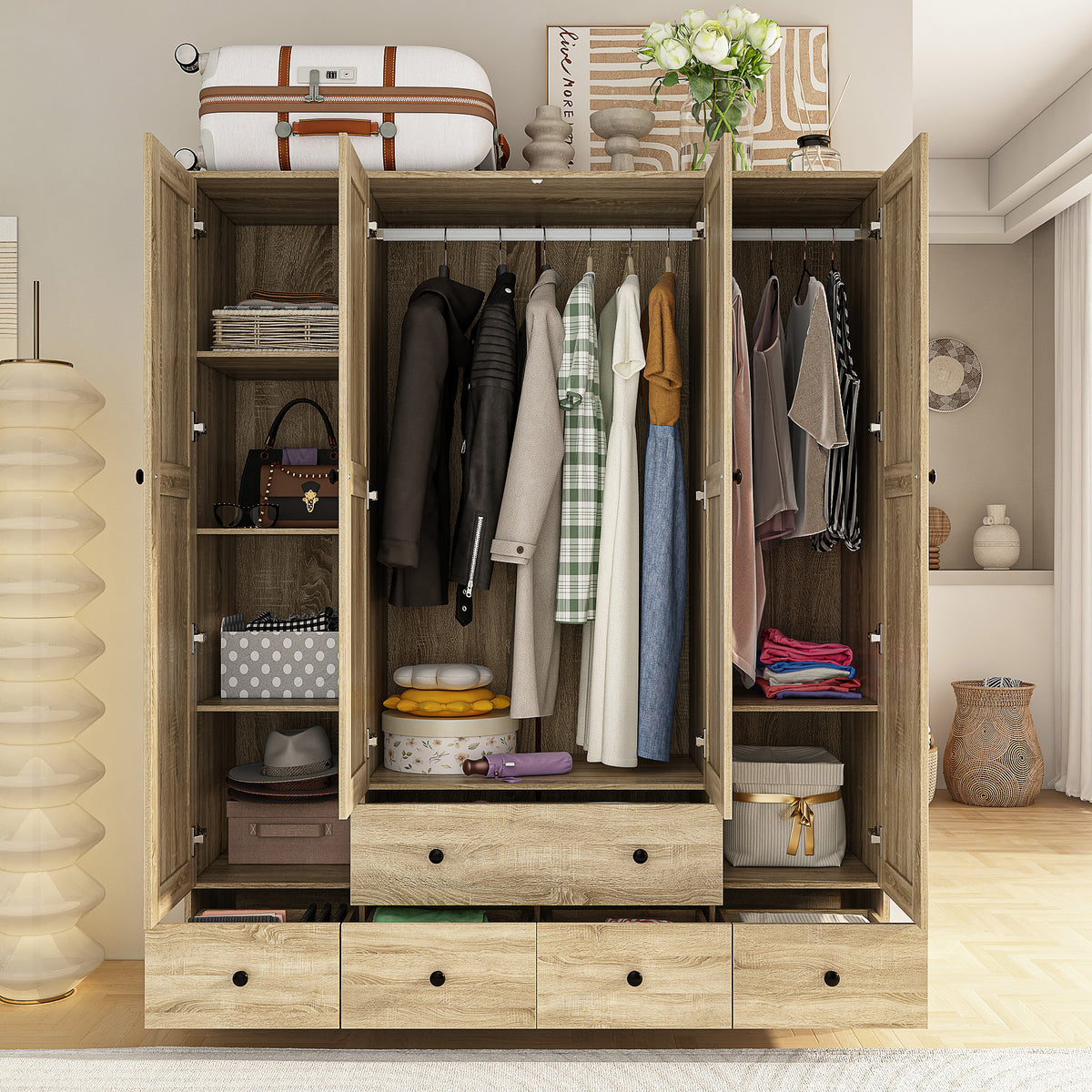160 cm Rustic 4-Door Wardrobe Armoire with Rattan Paneling, 6 Drawers & 2 Hanging Rods
