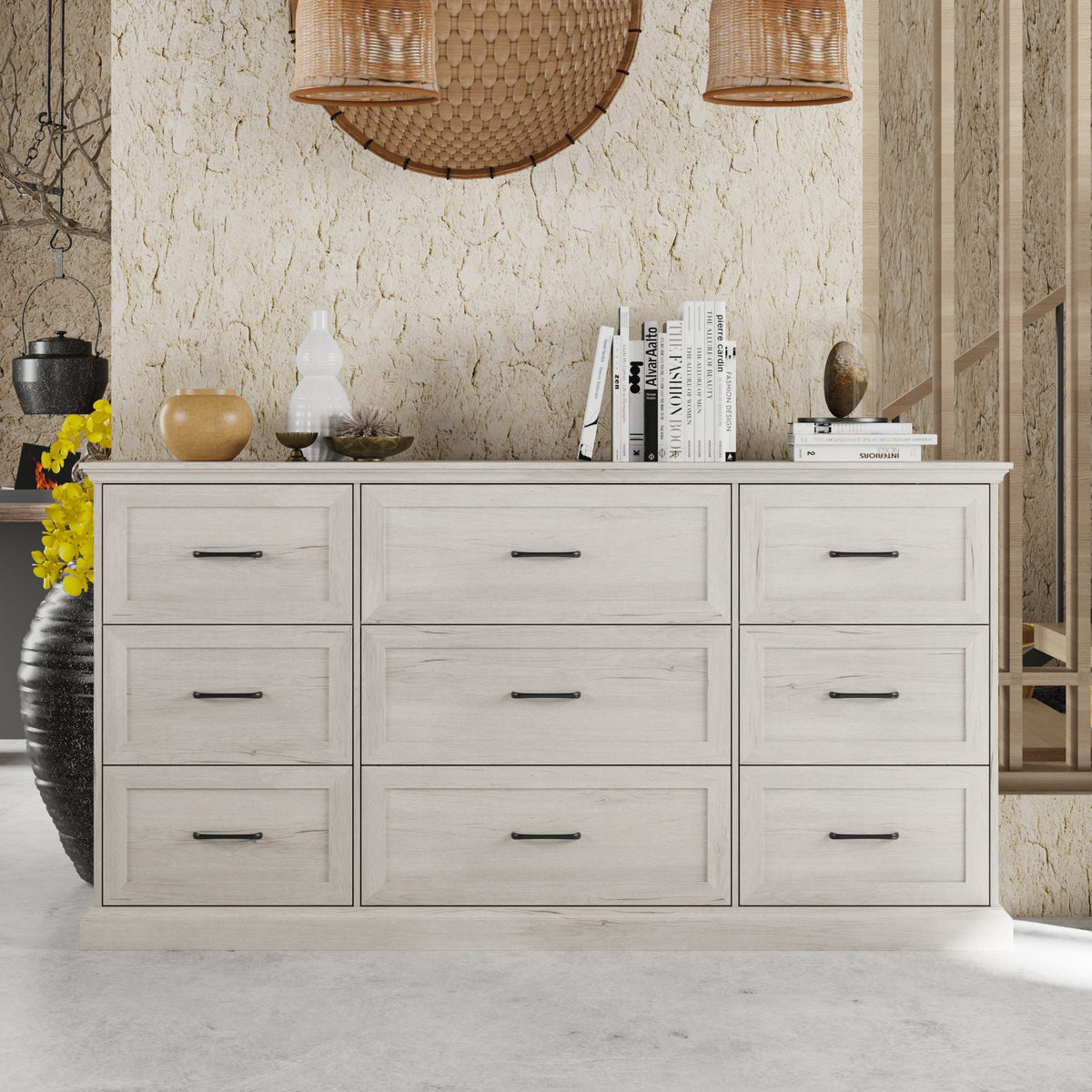 180 cm Modern White/Gray Dresser with 9 Drawers